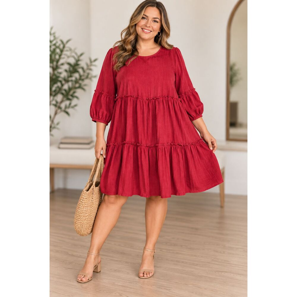 Indigo Rose Red Tiered Ruffle Shift Dress Plus Size 2X Balloon Sleeve